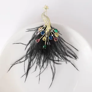 Detail of vintage peacock brooch with multicolored stones and elegant black feathers
