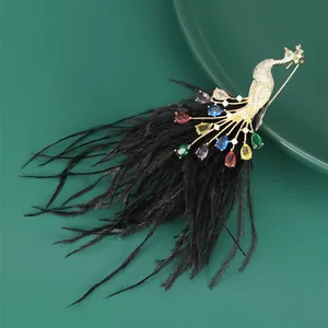 Detailed close-up of peacock brooch with colorful crystals and natural black feathers