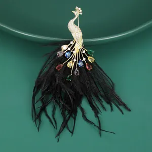 Detail of peacock brooch with gold metal, colorful gems, and black natural feathers