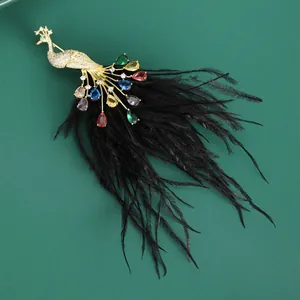 Detailed view of luxury peacock brooch with colorful crystals and black feather details
