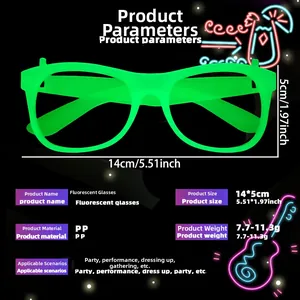 Detailed dimensions of fluorescent green party glasses showing 14cm width and 5cm height