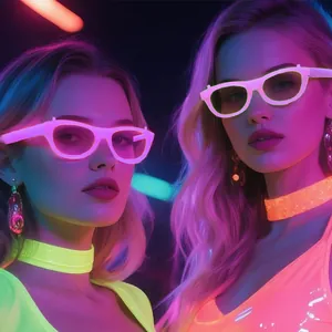 Neon glowing party eyewear set with matching luminous neck rings and earrings in dark