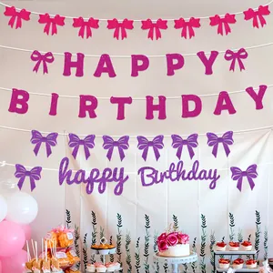 Glittery Happy Birthday banner set with bows and letter bunting for party decor