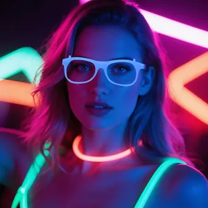 Close-up of LED glowing glasses with neon pink necklace and green suspenders set
