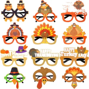 Set of 12 Thanksgiving party glasses featuring turkey pumpkin and festive hat designs
