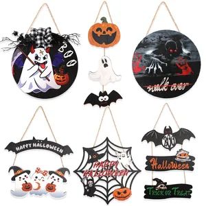Σετ 6 ξύλινες πινακίδες Halloween με κολοκύθες, φαντάσματα και ιστούς αράχνης