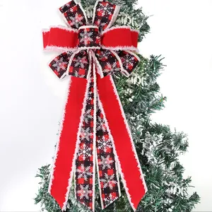 Fiocco per albero di Natale con trama a quadri rossi e neri, fiocchi di neve e bordo bianco