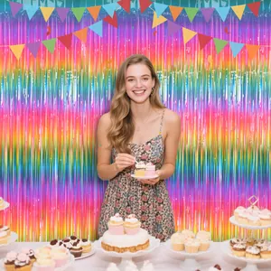 Regenbogen Gradient Folie Fransen Vorhang Party Hintergrund Dekoration Für Geburtstag Hochzeit Bühne PET Material