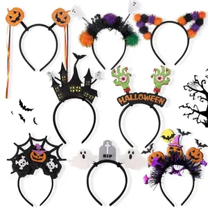Detail of 8 Halloween headbands featuring pumpkin, ghost, and bat festive designs