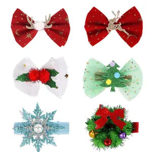 Lot de 6 pinces à cheveux de Noël avec nœuds en velours rouge et motifs de rennes