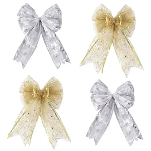 Sparkling gold and silver Christmas mesh bows with sequins for tree decoration