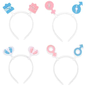 Set of 4 gender reveal party headbands featuring Boy and Girl designs in blue and pink