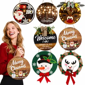 Christmas Wooden Hanging Sign Santa Claus Reindeer Snowman LED Luminous Welcome Door Plate Holiday Party Decor Wall Art