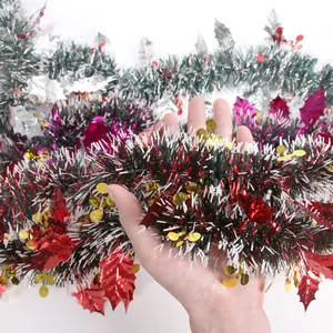 Christmas Tinsel Garland With Metallic Berry Leaves For Xmas Tree Decoration Festive Holiday Hanging Ornaments For Party Window Porch Decor