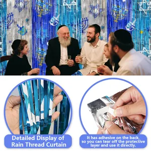 Hanukkah Star of David blue and silver fringe curtain with self-adhesive backing