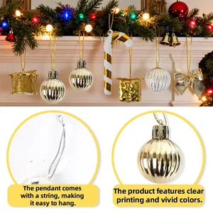 Detailed view of assorted Christmas ornaments with hanging strings and metallic finish