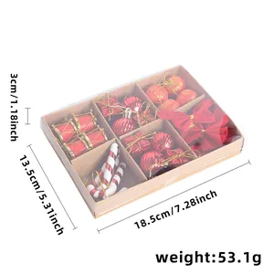 Detailed view of red Christmas ornaments set in craft box with product dimensions