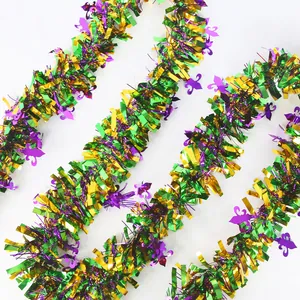 2m Mardi Gras tinsel garland with purple green and gold stripes and fleur-de-lis accents