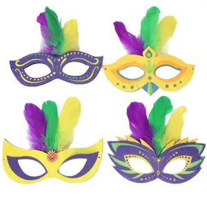 Set of four Mardi Gras feather masks in purple green and gold on white background