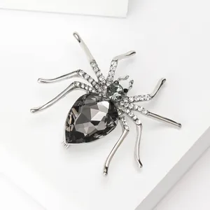 Vintage Halloween spider brooch with grey pear-cut gemstone and crystal rhinestone pave