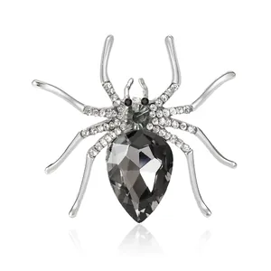 Retro spider brooch with grey crystal and rhinestones on silver alloy base