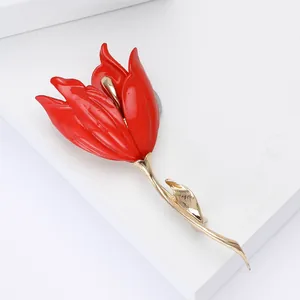 Elegant red enamel tulip brooch pin with golden alloy stem for women's coats