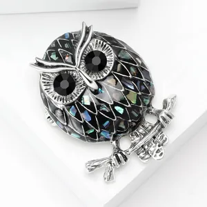 Detailed view of silver owl brooch with iridescent shell inlays and black gemstone eyes