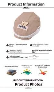 Detail view of breathable mesh summer beret for kids with bear patch and size specs