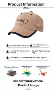 Detail view of khaki mesh baseball cap with Lucky bear embroidery and size specifications
