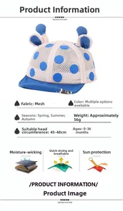 Détail du chapeau de soleil bébé en maille beige respirante avec pois bleus et oreilles