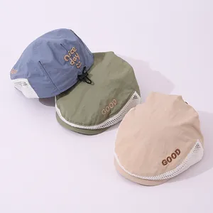 Mesh detail on breathable kids sun caps with NICE DAY embroidery and adjustable cords