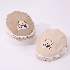 Kids breathable mesh beret caps with cute teddy bear patches in khaki and beige colors