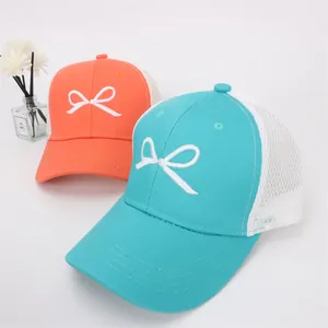 Breathable mesh baseball caps for kids with embroidered bow and adjustable sun visor