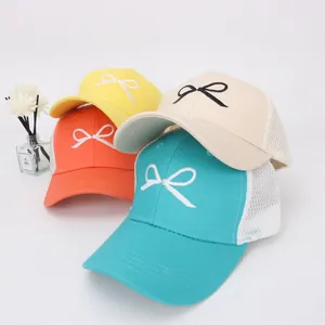 Breathable mesh baseball caps for kids with bow embroidery in multiple vibrant colors