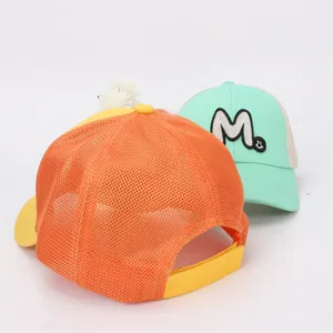 Detail of breathable kids mesh sun hats with M letter embroidery and velcro strap