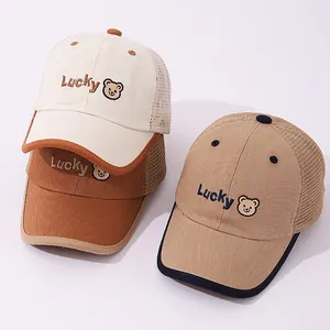 Kids Cartoon Bear Lucky Letter Embroidery Mesh Baseball Cap Breathable Summer Sun Protection Trucker Hat For Boys Girls