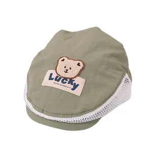 Kids breathable mesh beret cap with bear patch for ages 2-5 in bean green color