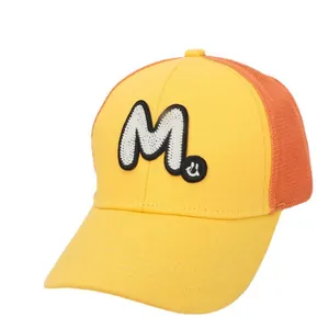 Kids breathable mesh baseball cap with M letter embroidery and yellow-orange color block