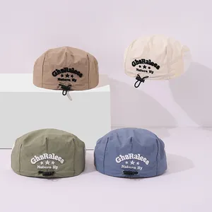 Kids breathable mesh beret hats with NICE DAY letters in khaki, white, green and blue