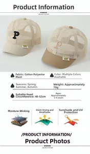 Breathable mesh baseball cap for kids featuring P letter embroidery and 48-52cm size info