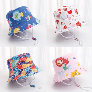 Chapeau Bob Imprimé Dessin Animé pour Enfants en Coton Chapeau de Soleil d'été Avec Corde à Vent Réglable pour Tout-petits Garçons Filles Plage Extérieur