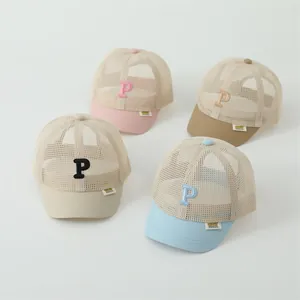 Kids breathable mesh baseball caps with P embroidery in pink, beige, and blue