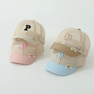 Close-up of four mesh baseball caps for kids with P letter embroidery in various colors