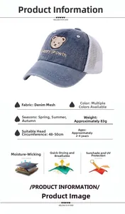 Detailed size specifications for kids denim mesh bear hat with breathable fabric features