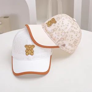 Kids breathable mesh baseball cap with cute bear embroidery in brown and beige tones