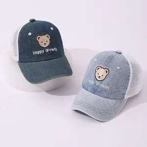 Kids denim mesh baseball hat with cute bear embroidery and breathable net for summer comfort