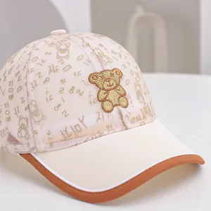 Breathable mesh kid baseball cap with teddy bear embroidery and contrast brim