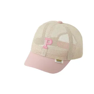 Kids breathable mesh baseball cap with P embroidery and pink visor for summer