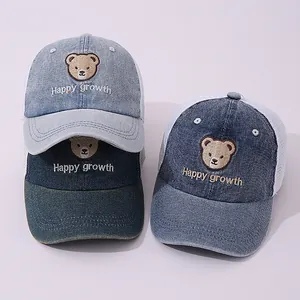 Kids Denim Mesh Baseball Cap Bear Embroidery Happy Growth Sun Hat Breathable Snapback For Boys Girls Age Two To Five