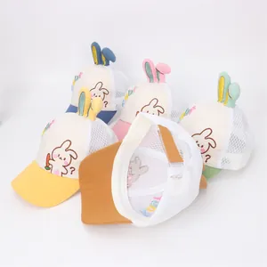 Detailed view of mesh back panels and adjustable velcro straps on toddler rabbit hats